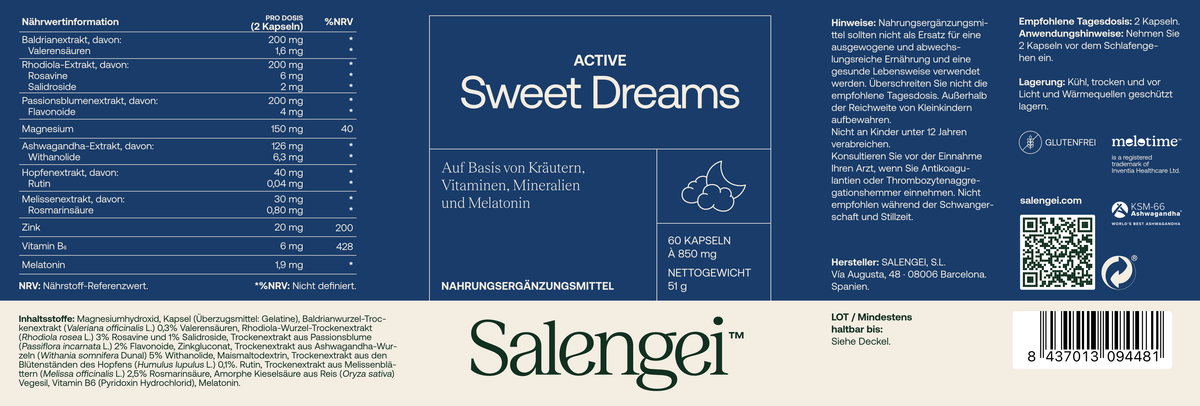 Active Sweet Dreams - Einschlafhilfe mit Melatonin - 60 Kapseln - Salengei™ image 3