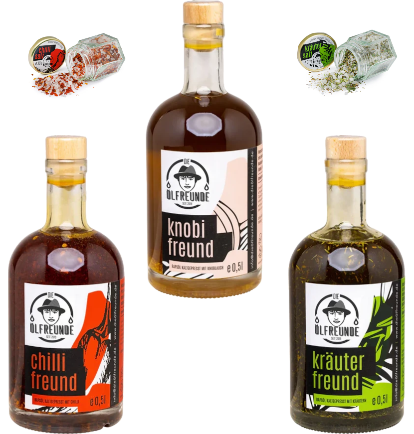 Ölfreunde Vorteilspaket: Chili, Knobi, Kräuter 3 x 500 ml Würzöl + 2x Würzsalz image 0